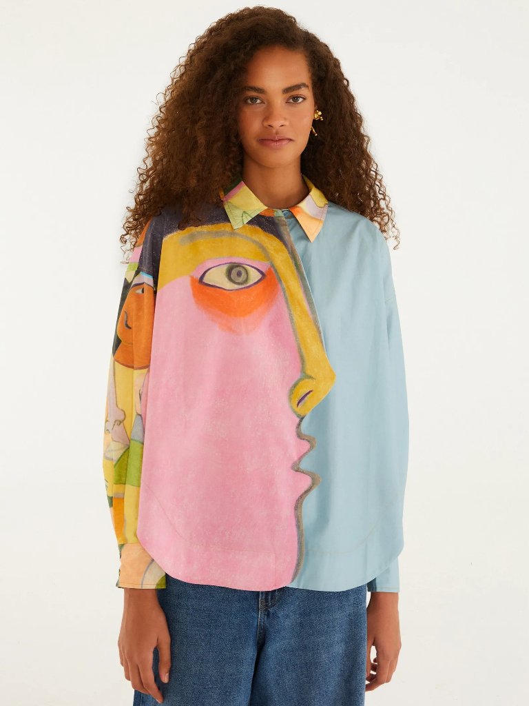 Farm Rio Crowded Series Drawing Organic Cotton Long Sleeve Shirt L Nwt